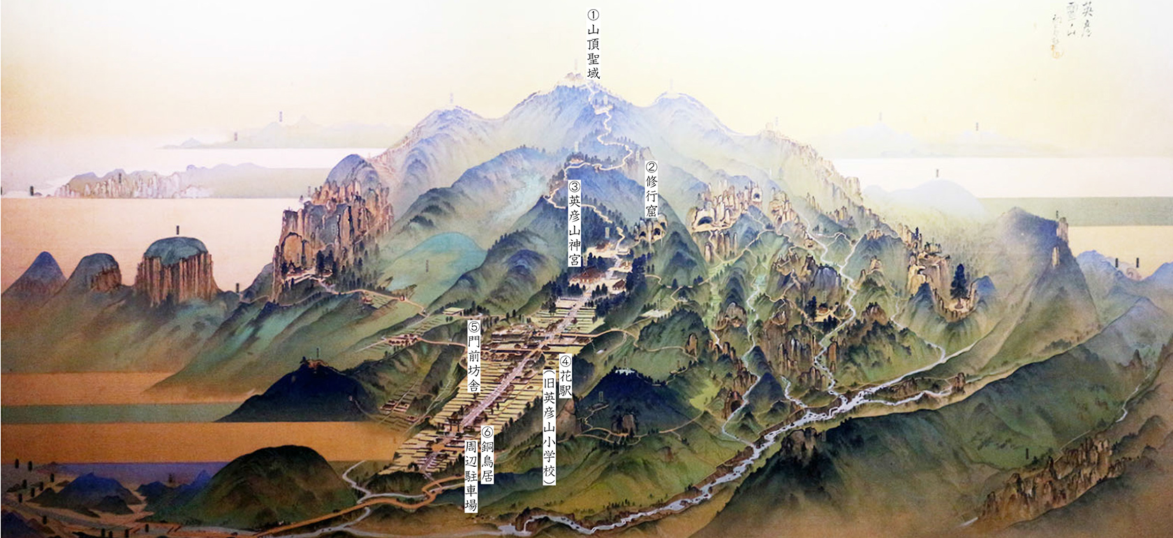 英彦山鳥瞰図。英彦山は、日本三大修験道といわれる大峯山、出羽三山より規模が大きい。
