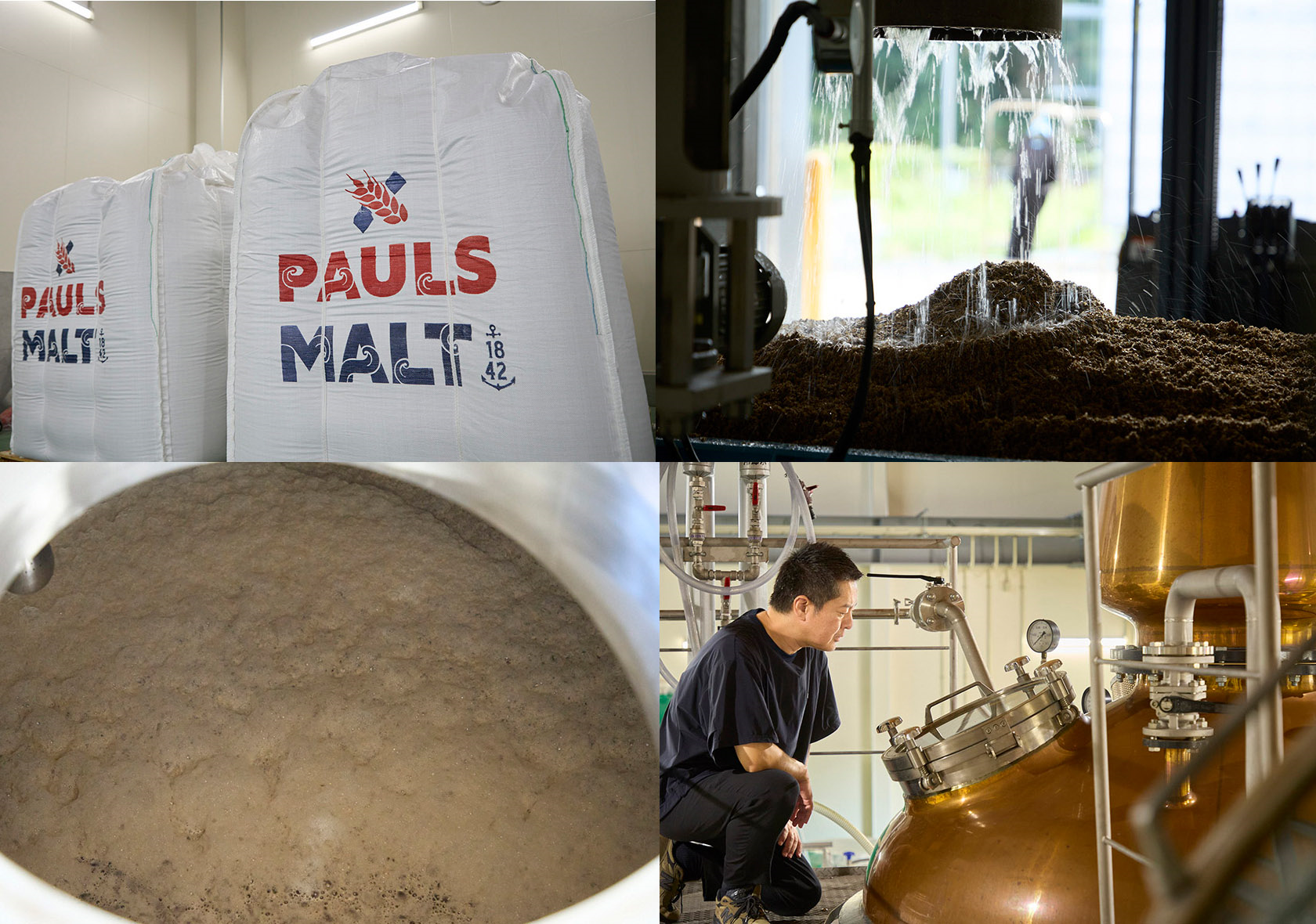 スコットランドから輸入した麦芽(モルト)を粉砕し、糖化→発酵→蒸留させてスピリッツをつくる。