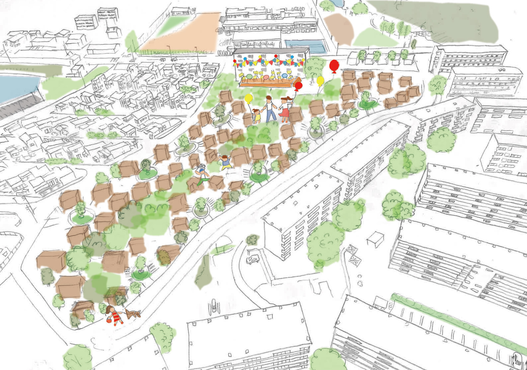 この敷地に、森の中に点在する家々をイメージした戸建てが建つ