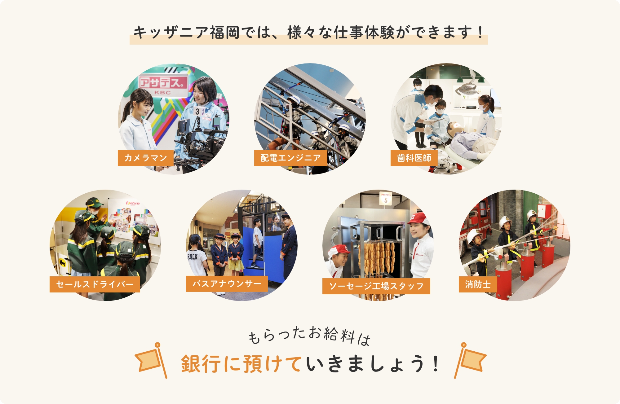キッザニア福岡では、様々な仕事体験ができます！もらったお給料は銀行に預けていきましょう！